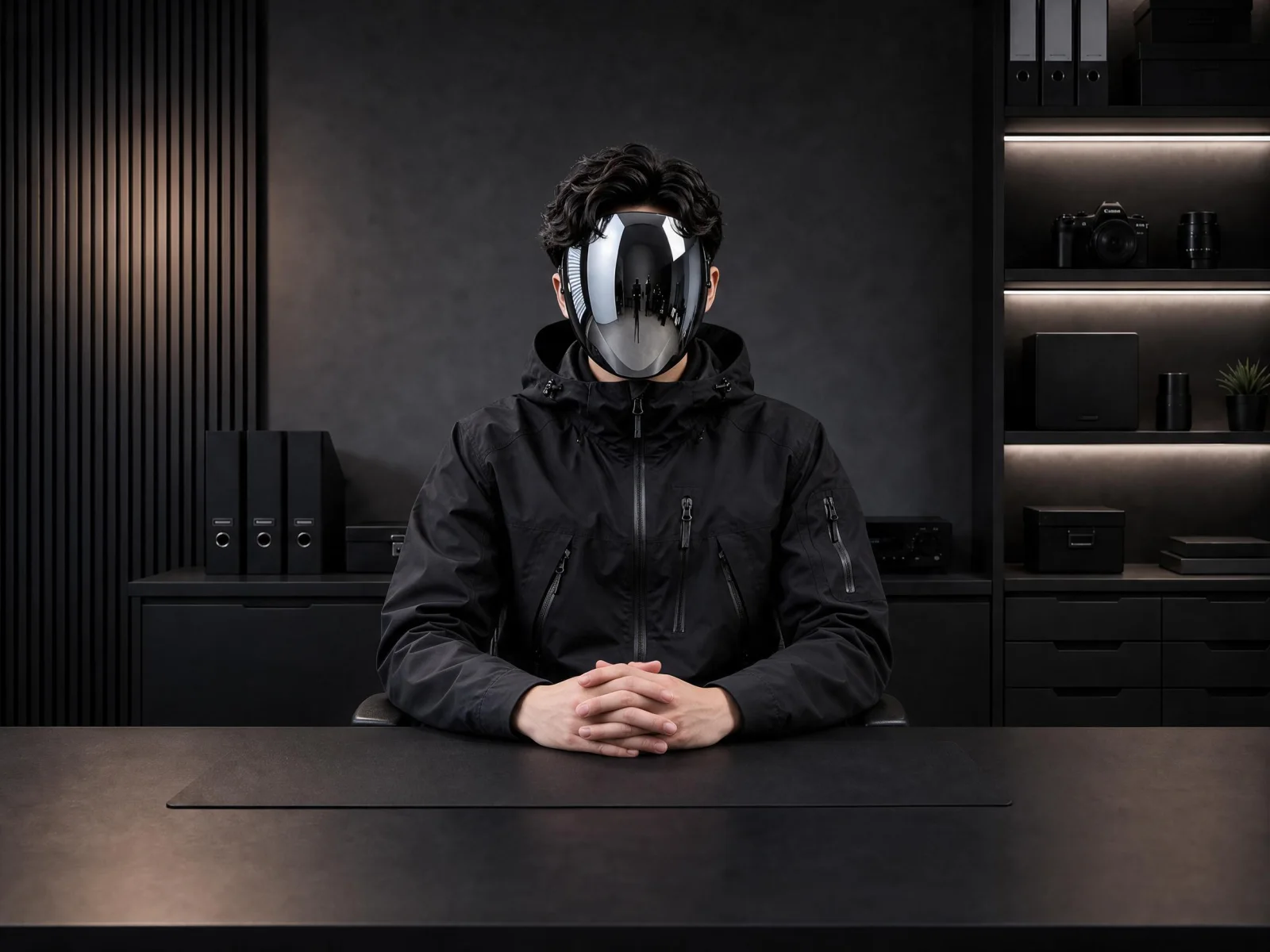 Etytech wearing a mirror mask in a dark studio